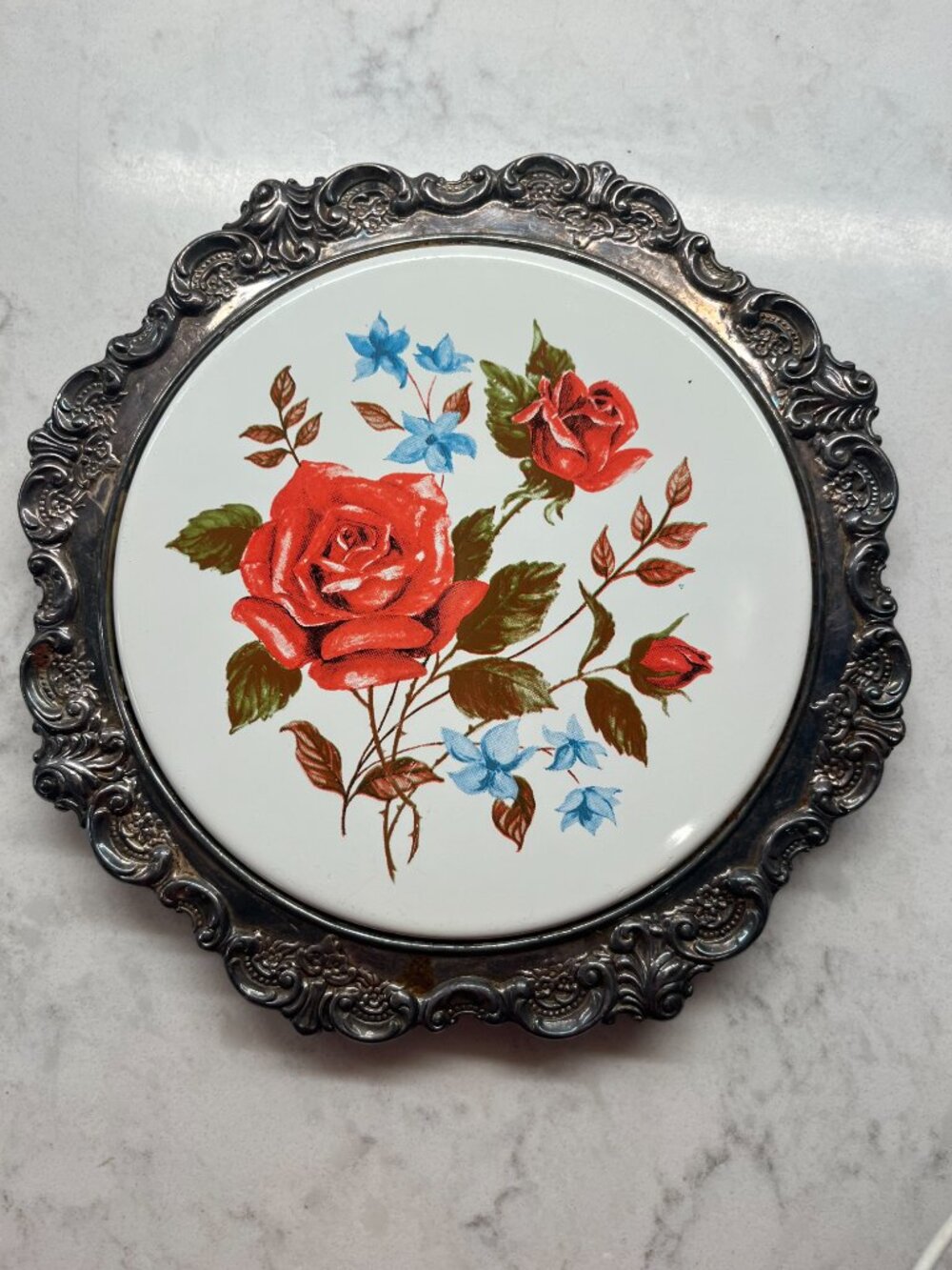 Vintage Baroque Silver-Plated Ceramic Trivet, Floral Rose Hot Plate by Wallace